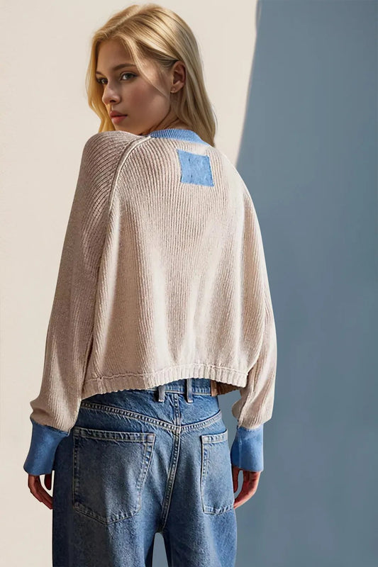 Double Take Contrast Button Up Long Sleeve Cardigan - jeansmahones.com