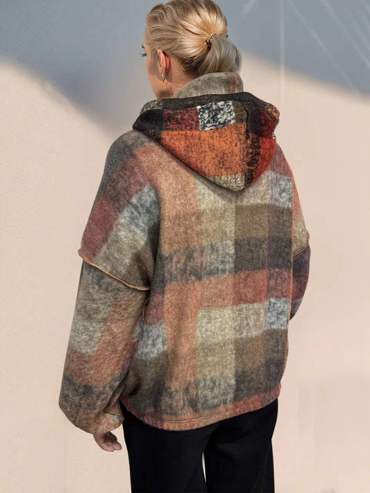 Double Take Full Size Half Zip Exposed Seam Fleece Hoodie - jeansmahones.com