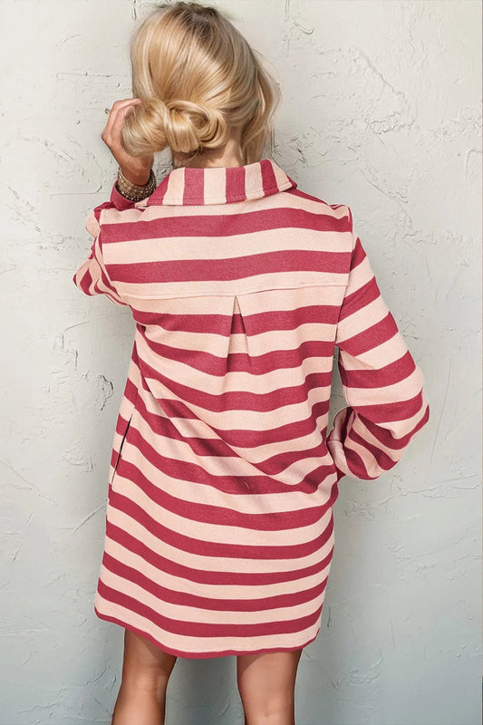 Double Take Full Size Striped Contrast Collared Neck Long Sleeve Dress - jeansmahones.com