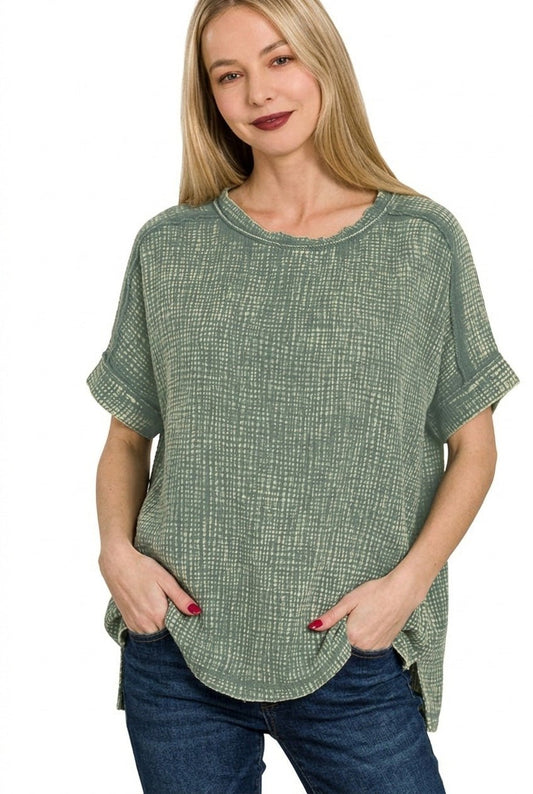 Zenana Acid Washed Double Gauze Round - neck Tee - jeansmahones.com