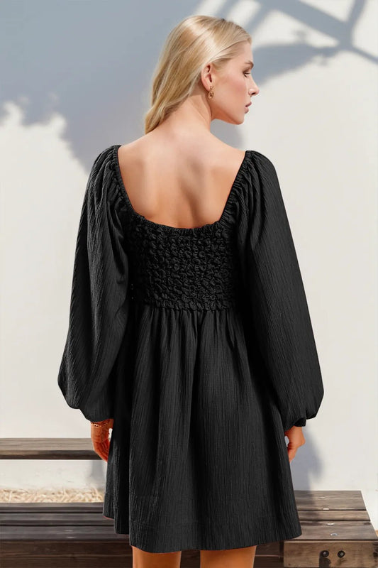 Double Take Texture Smocked Balloon Sleeve Mini Dress - jeansmahones.com