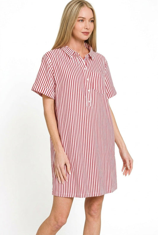 Zenana Stripe Collared Half Button Up T-Shirts Dress - jeansmahones.com
