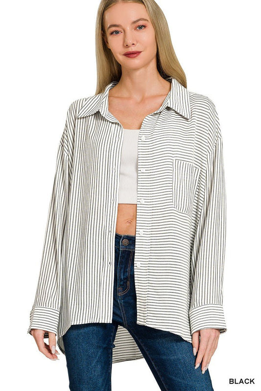 Zenana Woven Stripe Button Down Shirt - jeansmahones.com