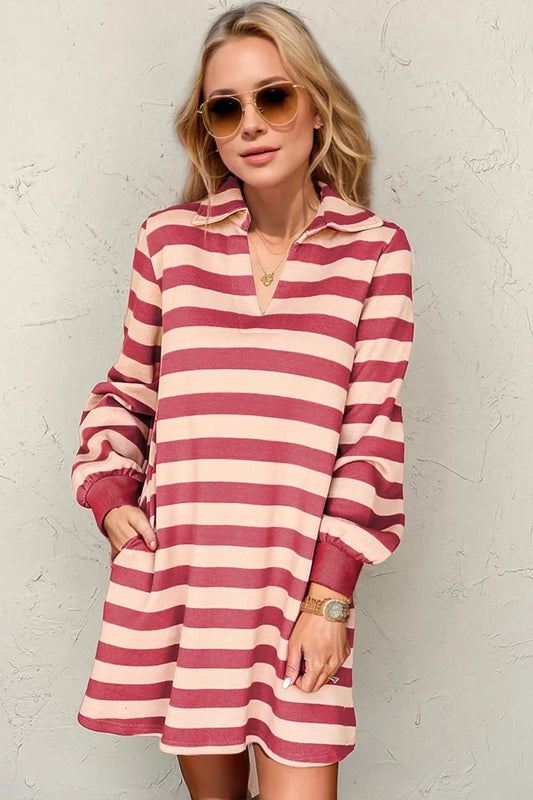Double Take Full Size Striped Contrast Collared Neck Long Sleeve Dress - jeansmahones.com