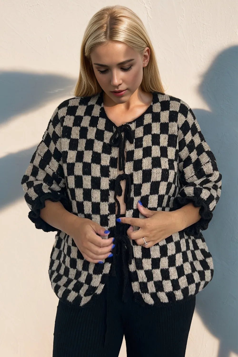 Double Take Tied Checkered Dropped Shoulder Flounce Sleeve Cardigan - jeansmahones.com
