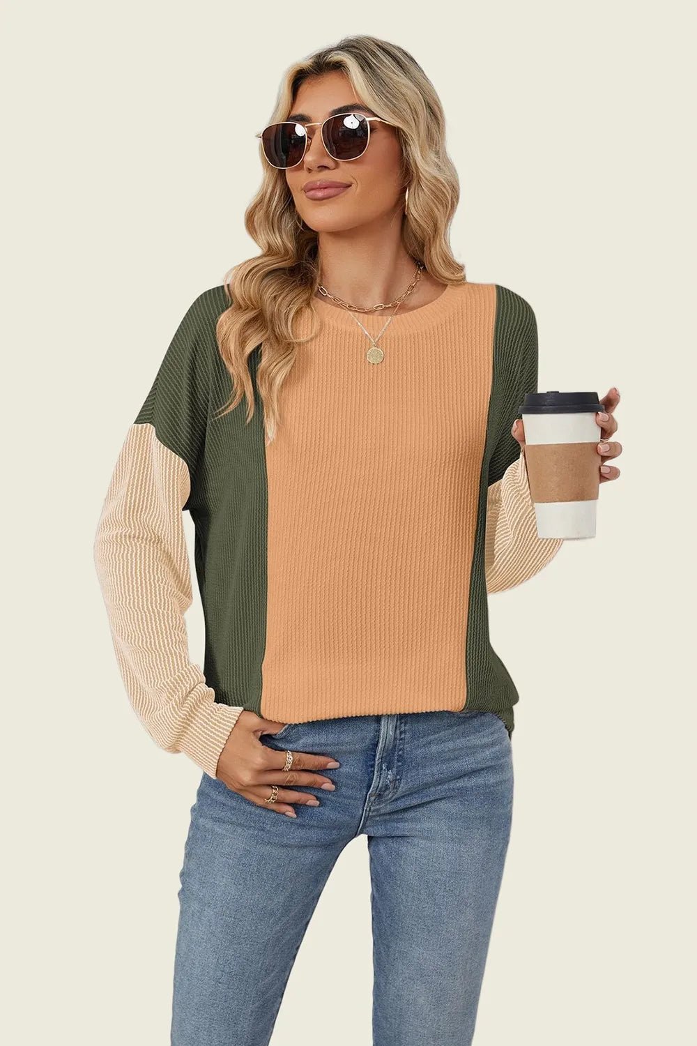 Double Take Texture Contrast Round Neck Long Sleeve T-Shirt - jeansmahones.com