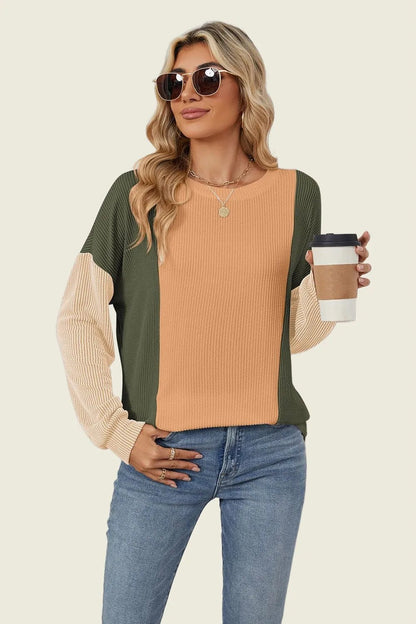 Double Take Texture Contrast Round Neck Long Sleeve T-Shirt - jeansmahones.com