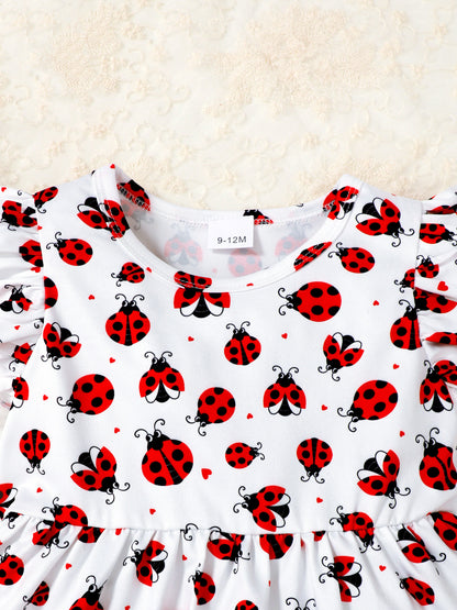 Children's Ladybug Print Ruffle Trim Top & Shorts & Headband Set - jeansmahones.com