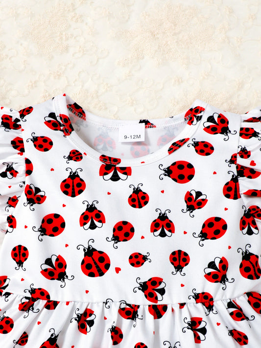 Children's Ladybug Print Ruffle Trim Top & Shorts & Headband Set - jeansmahones.com