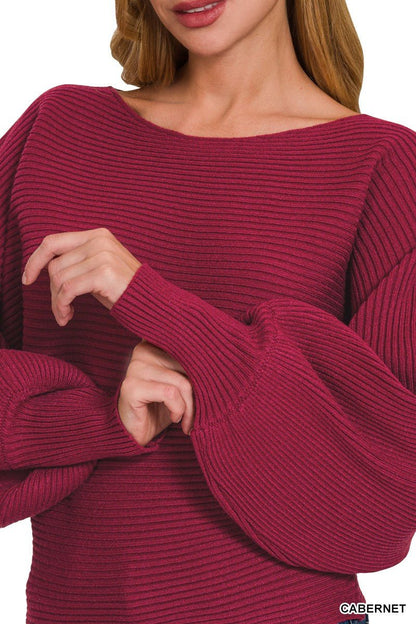 Zenana Boat Neck Balloon Sleeve Sweater - jeansmahones.com