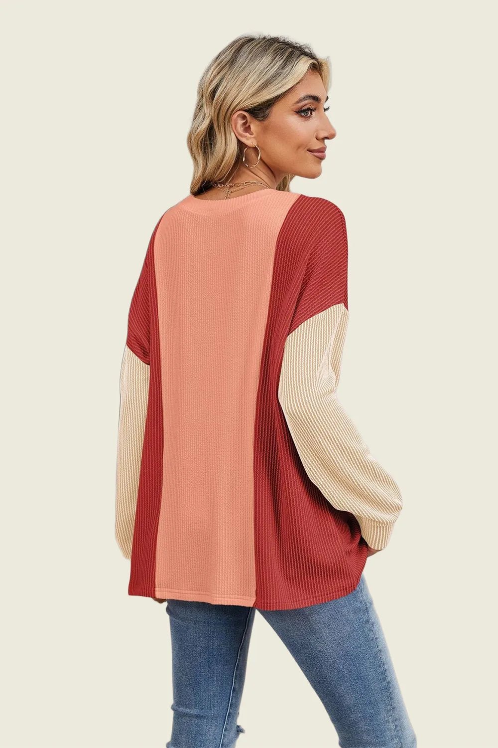 Double Take Texture Contrast Round Neck Long Sleeve T-Shirt - jeansmahones.com
