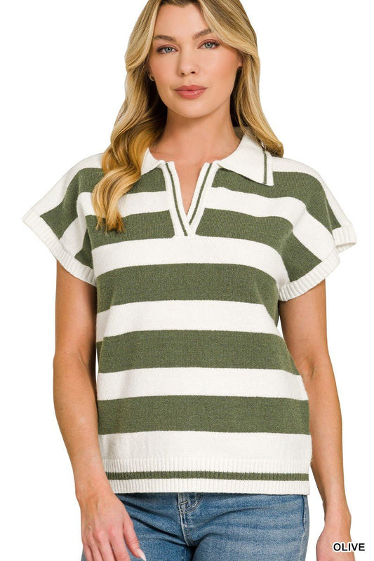 Zenana Striped Collared Short Sleeve Sweater - jeansmahones.com