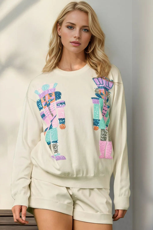 Double Take Full Size Sequin Nutcracker Long Sleeve Sweater - jeansmahones.com