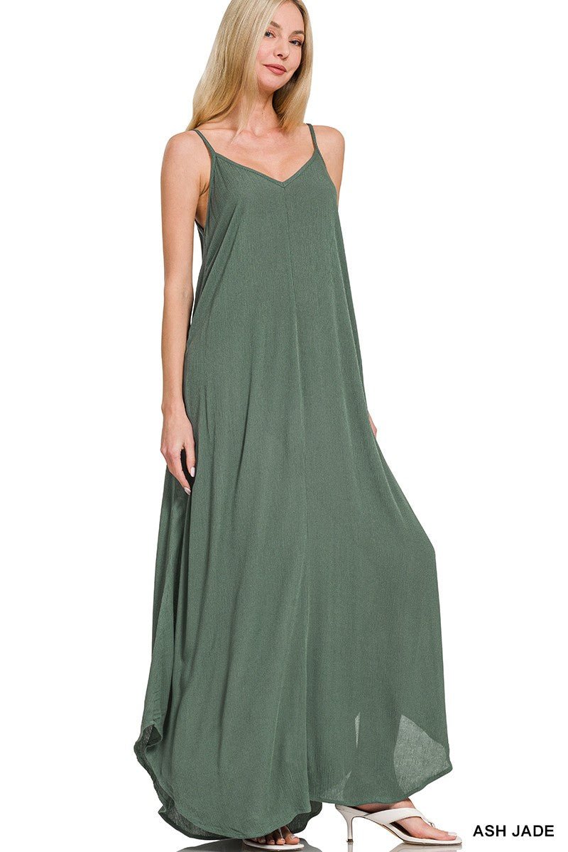 Zenana Woven Crinkle Cami Maxi Dress with Side Pockets - jeansmahones.com