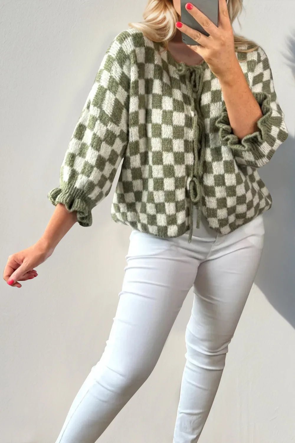 Double Take Tied Checkered Dropped Shoulder Flounce Sleeve Cardigan - jeansmahones.com