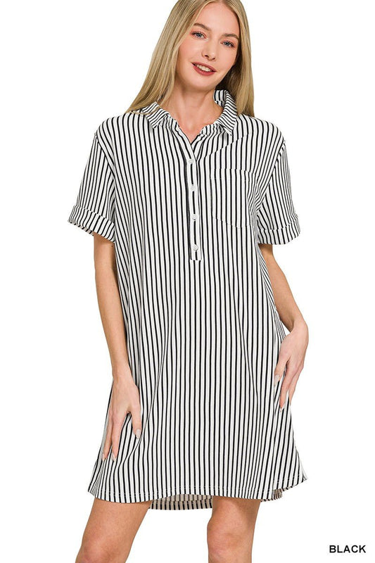 Zenana Stripe Collared Half Button Up T-Shirts Dress - jeansmahones.com