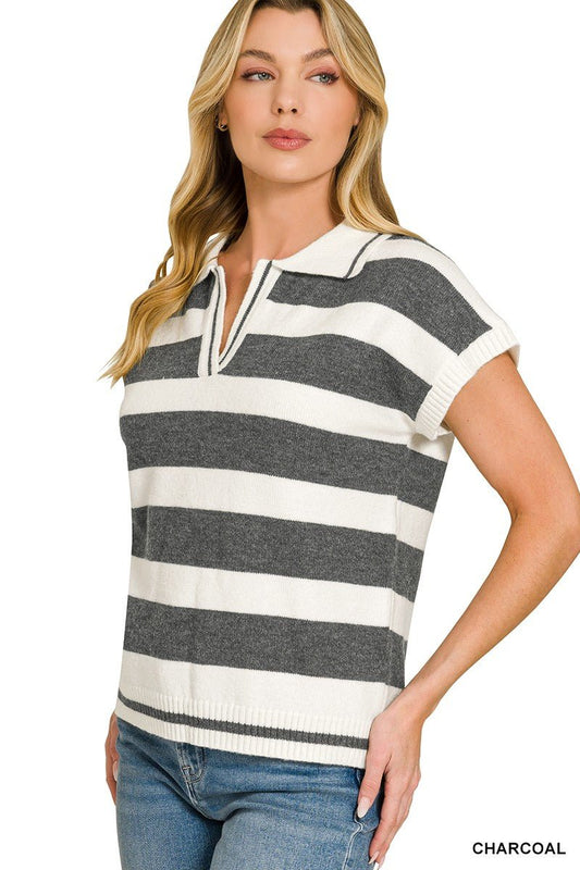 Zenana Striped Collared Short Sleeve Sweater - jeansmahones.com
