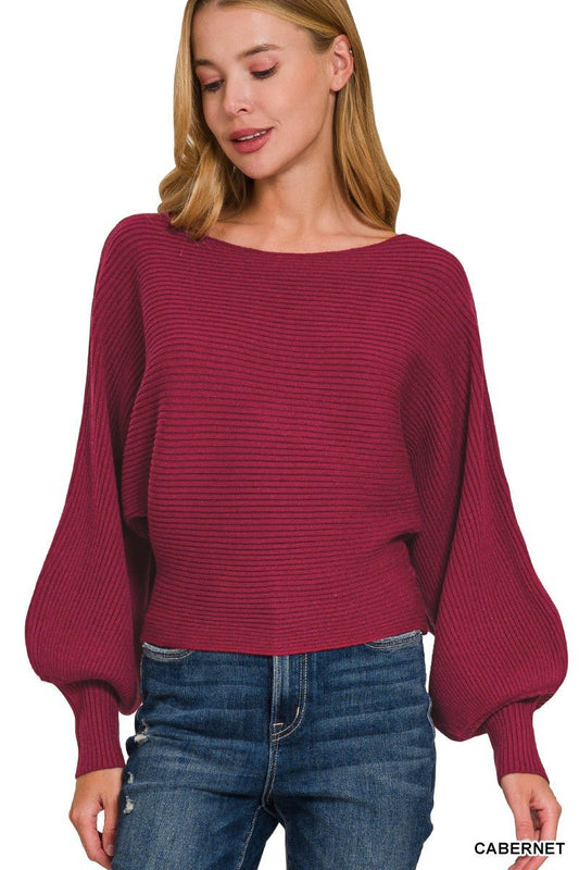 Zenana Boat Neck Balloon Sleeve Sweater - jeansmahones.com