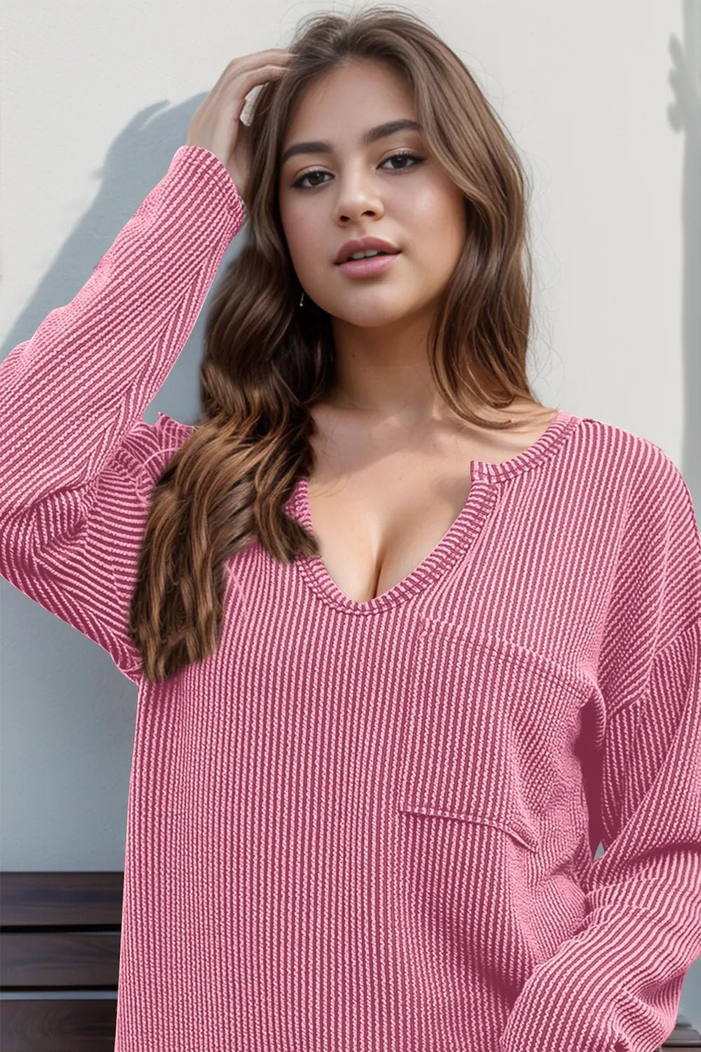 Double Take Striped Notched Long Sleeve T-Shirt - jeansmahones.com