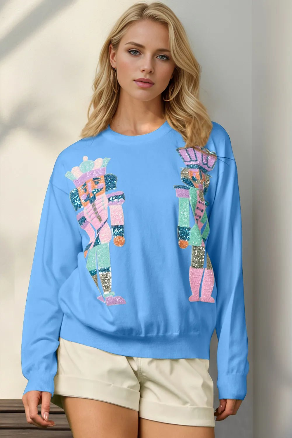 Double Take Full Size Sequin Nutcracker Long Sleeve Sweater - jeansmahones.com