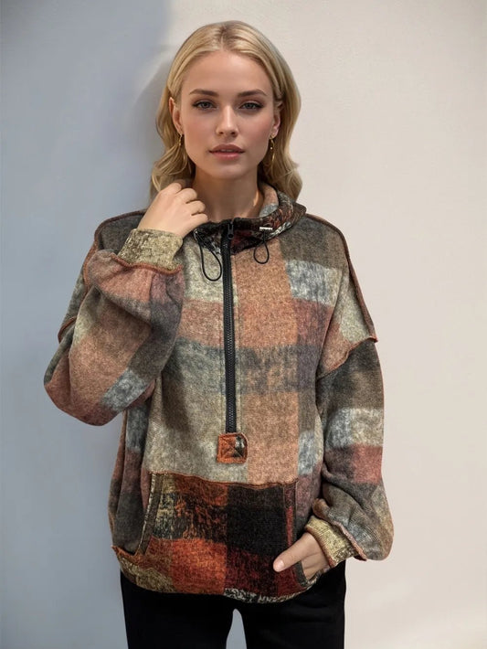 Double Take Full Size Half Zip Exposed Seam Fleece Hoodie - jeansmahones.com