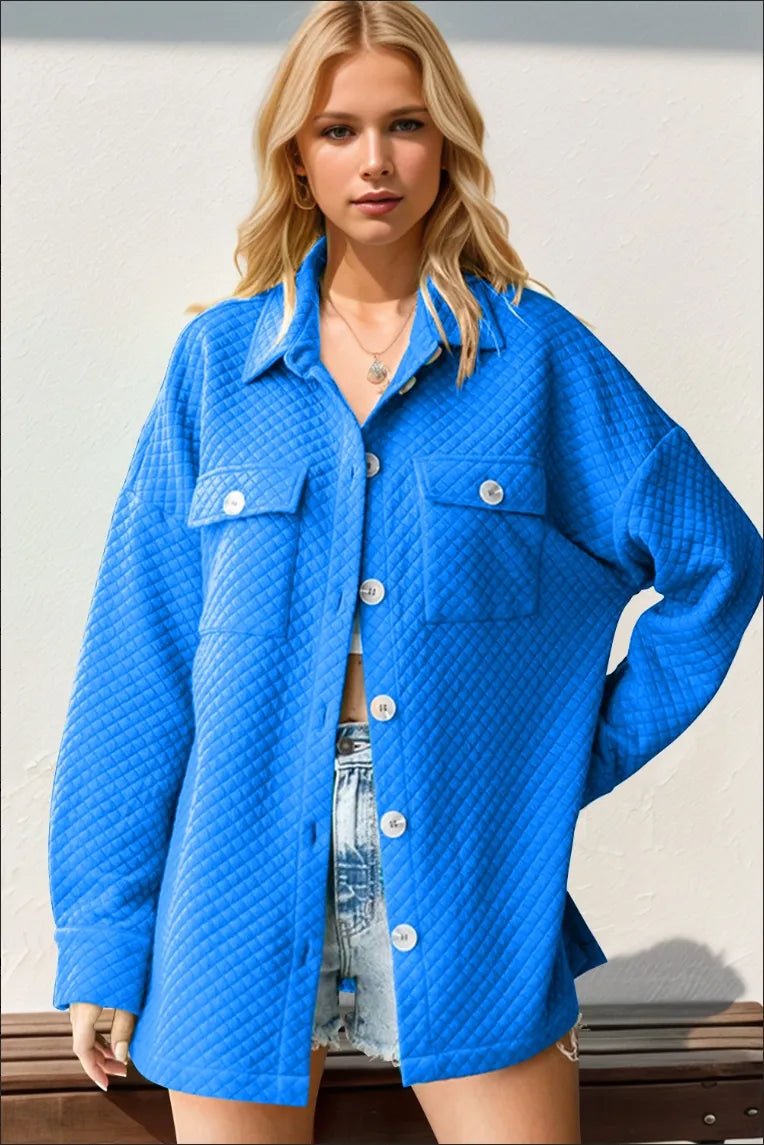 Double Take Full Size Textured Button Up Drop Shoulder Shacket - jeansmahones.com
