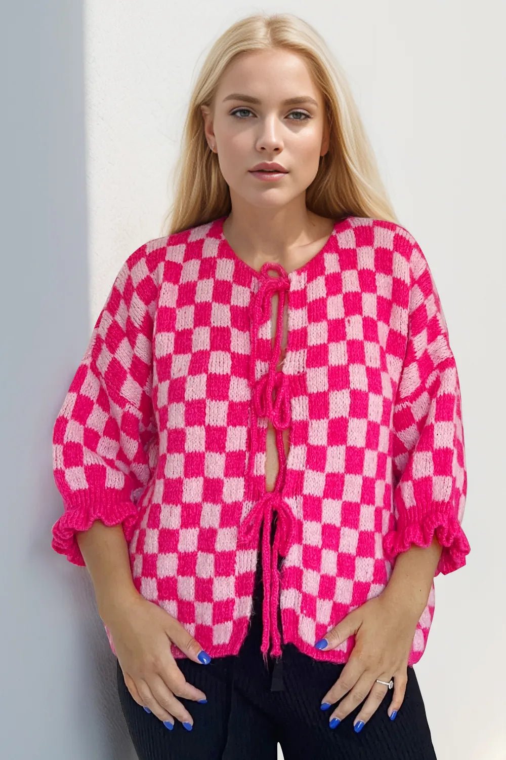 Double Take Tied Checkered Dropped Shoulder Flounce Sleeve Cardigan - jeansmahones.com