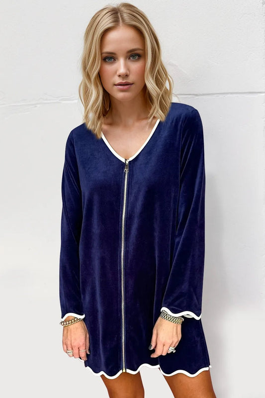 Double Take Wave Contrast Trim V - Neck Zip Up Long Sleeve Mini Dress - jeansmahones.com