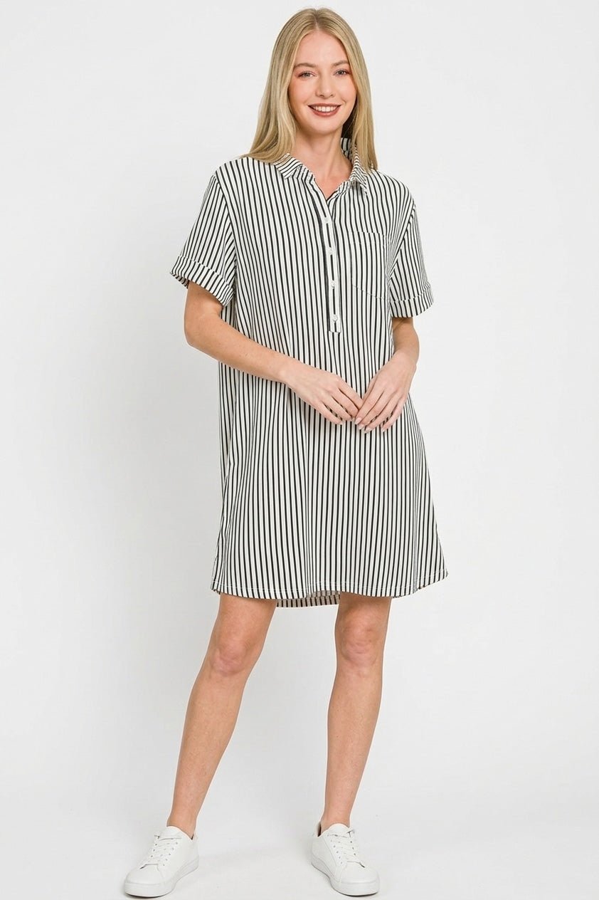 Zenana Stripe Collared Half Button Up T-Shirts Dress - jeansmahones.com
