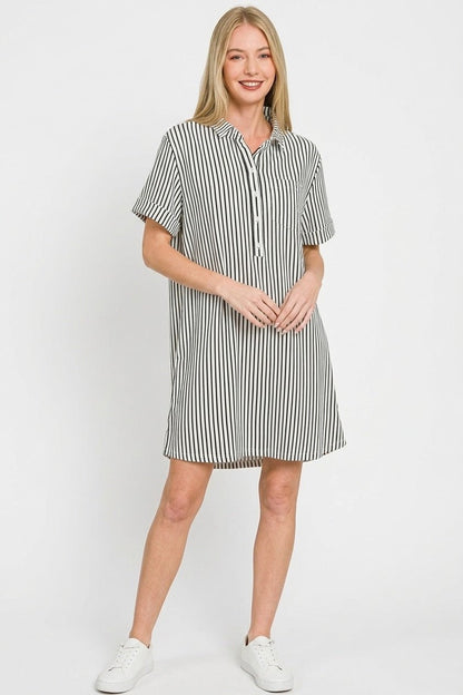 Zenana Stripe Collared Half Button Up T-Shirts Dress - jeansmahones.com