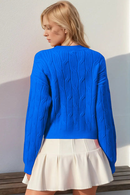Double Take Full Size Bow Cable - Knit Round Neck Sweater - jeansmahones.com
