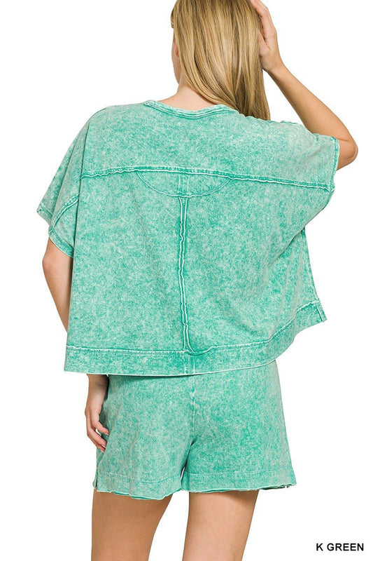 Zenana Halo Snow Washed Boxy Top & Shorts Set - jeansmahones.com