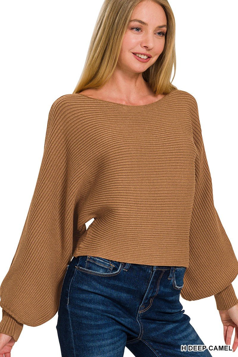 Zenana Boat Neck Balloon Sleeve Sweater - jeansmahones.com