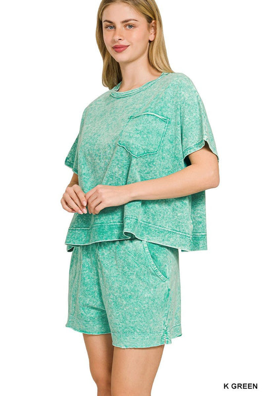 Zenana Halo Snow Washed Boxy Top & Shorts Set - jeansmahones.com