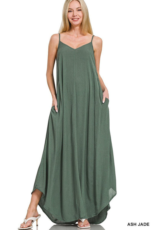 Zenana Woven Crinkle Cami Maxi Dress with Side Pockets - jeansmahones.com