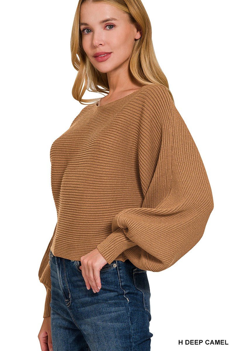 Zenana Boat Neck Balloon Sleeve Sweater - jeansmahones.com