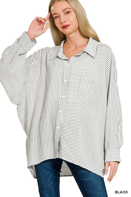 Zenana Woven Stripe Button Down Shirt - jeansmahones.com