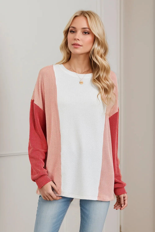 Double Take Texture Contrast Round Neck Long Sleeve T-Shirt - jeansmahones.com