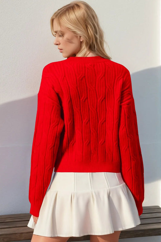Double Take Full Size Bow Cable - Knit Round Neck Sweater - jeansmahones.com