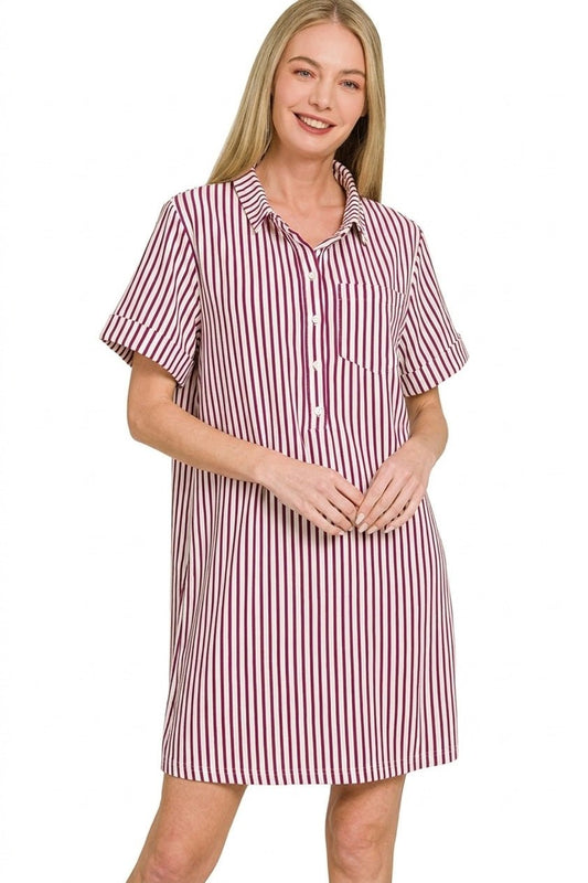 Zenana Stripe Collared Half Button Up T-Shirts Dress - jeansmahones.com