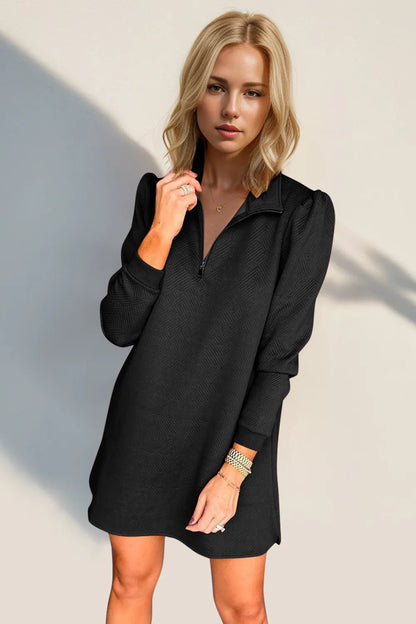Double Take Textured Quarter Zip Long Sleeve Dress - jeansmahones.com