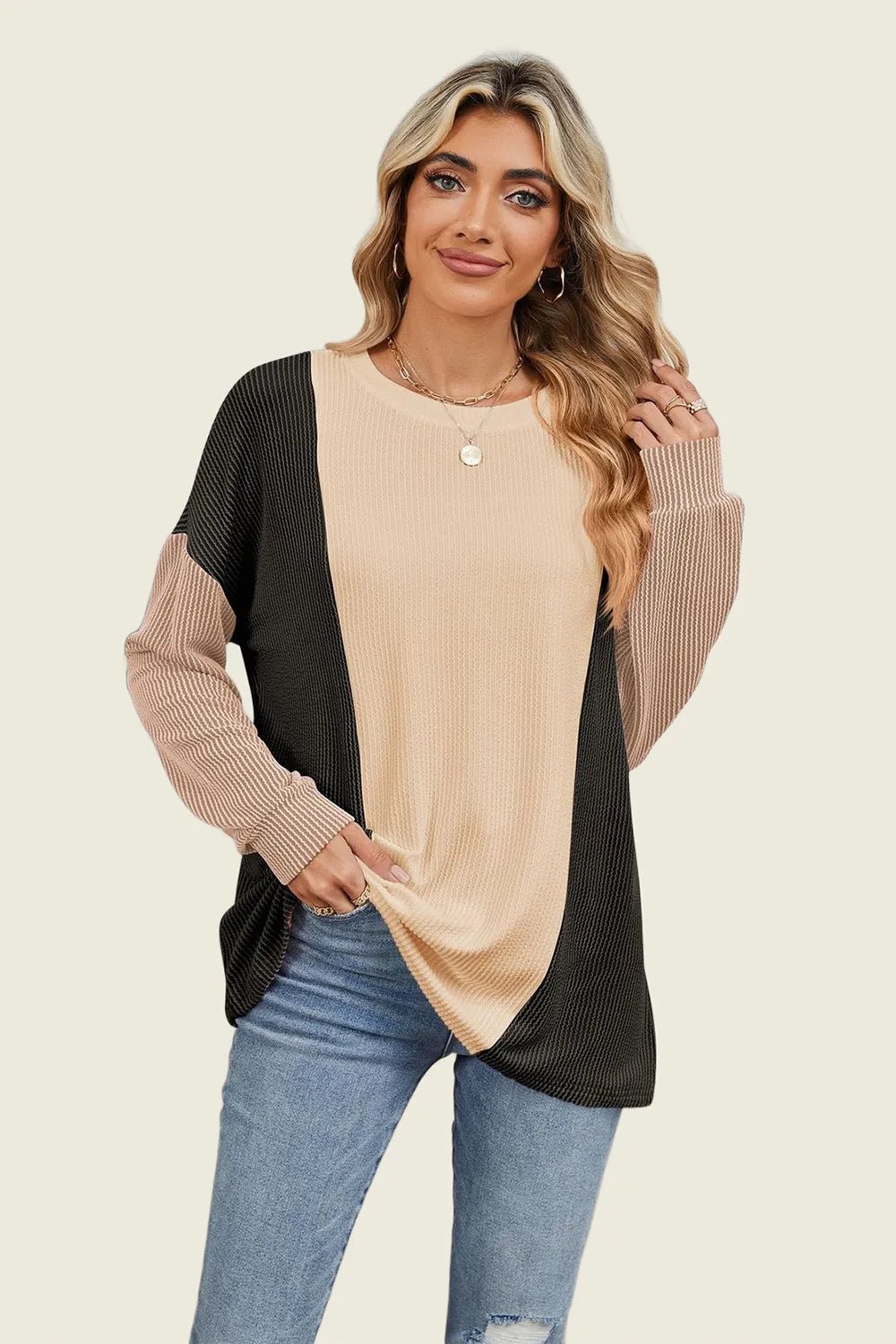 Double Take Texture Contrast Round Neck Long Sleeve T-Shirt - jeansmahones.com
