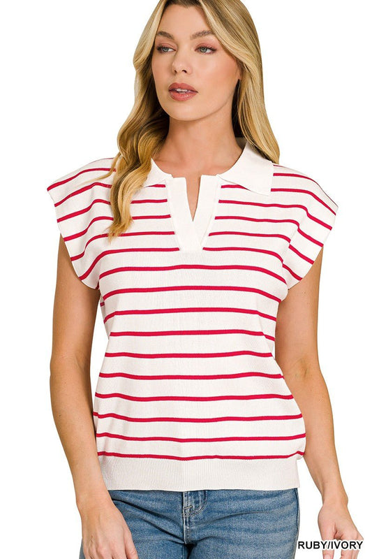 Zenana Viscose Striped Collared Sweater Vest - jeansmahones.com