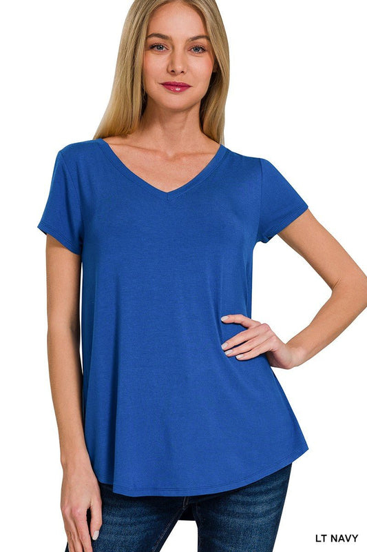 Zenana Rayon Short Sleeve V - neck Round Hem Top - jeansmahones.com