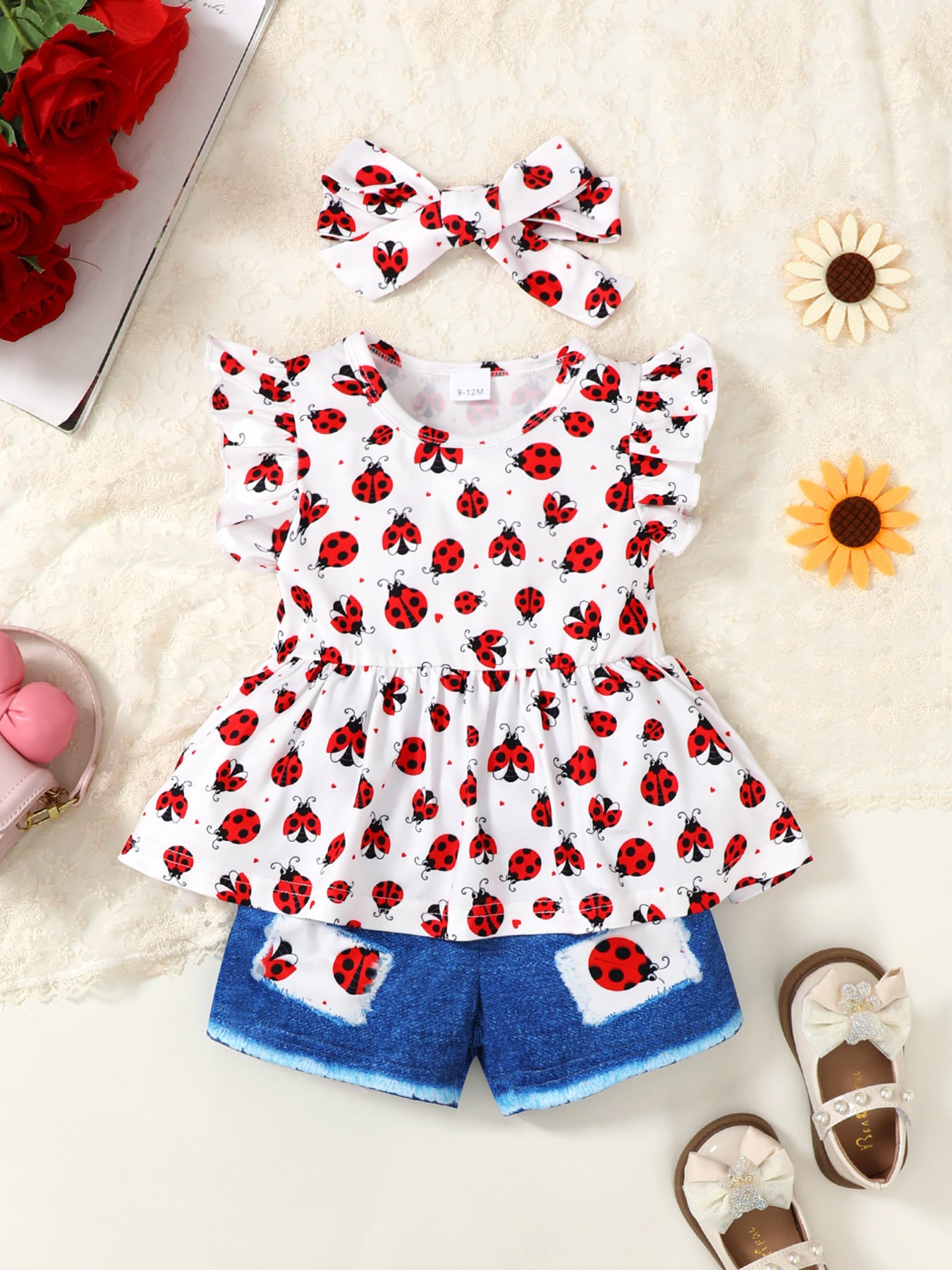 Children's Ladybug Print Ruffle Trim Top & Shorts & Headband Set - jeansmahones.com