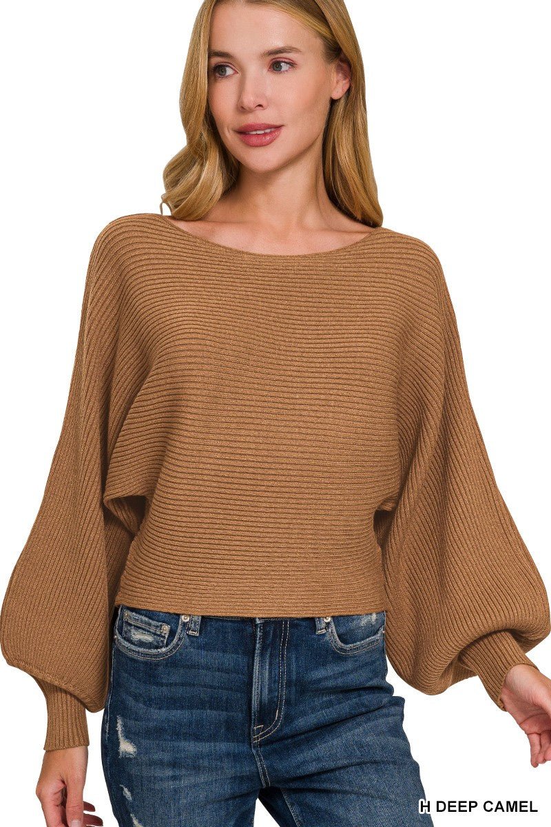 Zenana Boat Neck Balloon Sleeve Sweater - jeansmahones.com
