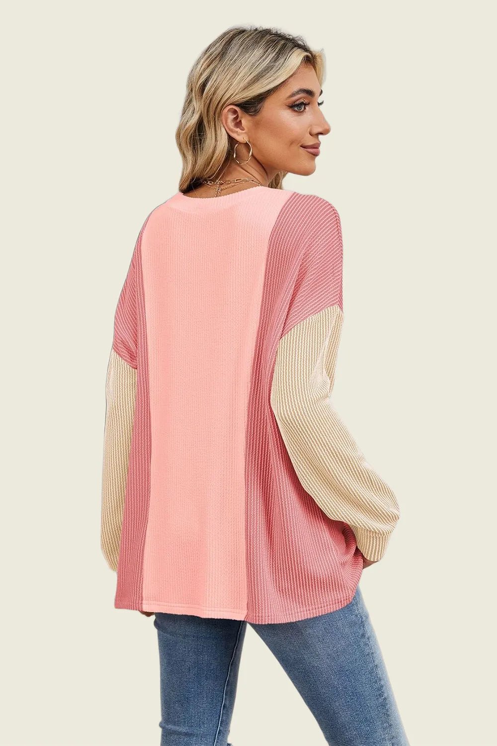 Double Take Texture Contrast Round Neck Long Sleeve T-Shirt - jeansmahones.com