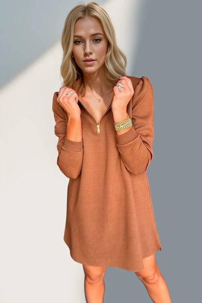 Double Take Textured Quarter Zip Long Sleeve Dress - jeansmahones.com