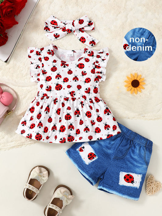 Children's Ladybug Print Ruffle Trim Top & Shorts & Headband Set - jeansmahones.com