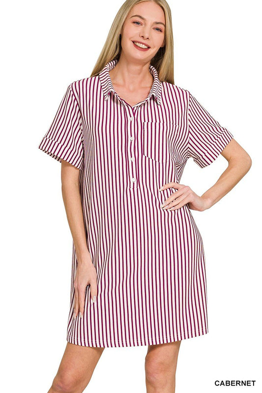 Zenana Stripe Collared Half Button Up T-Shirts Dress - jeansmahones.com